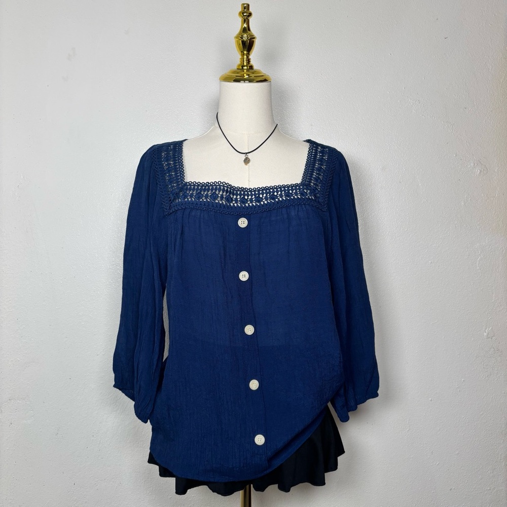 lily star navy blue blouse long sleeve square neck w buttons romantic boho indie